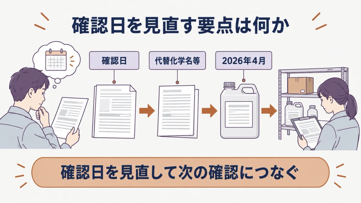 確認日と代替化学名等を見直して次の確認につなぐ