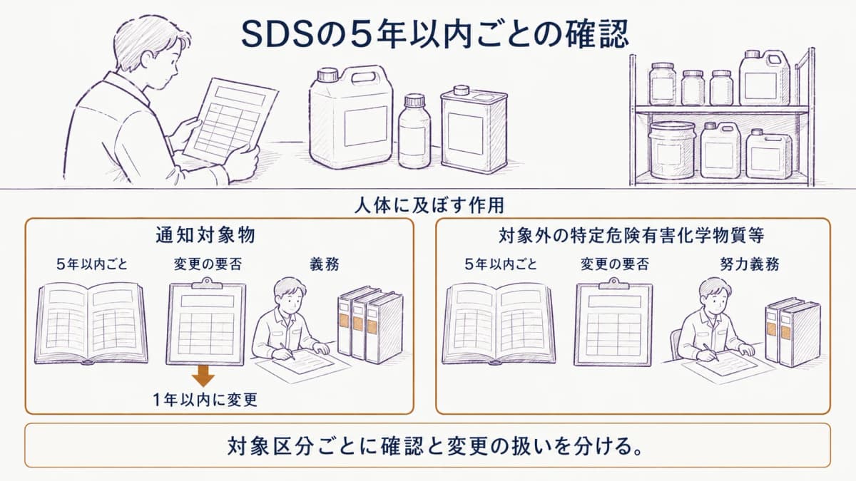 SDSの五年以内ごとの確認を区分する図