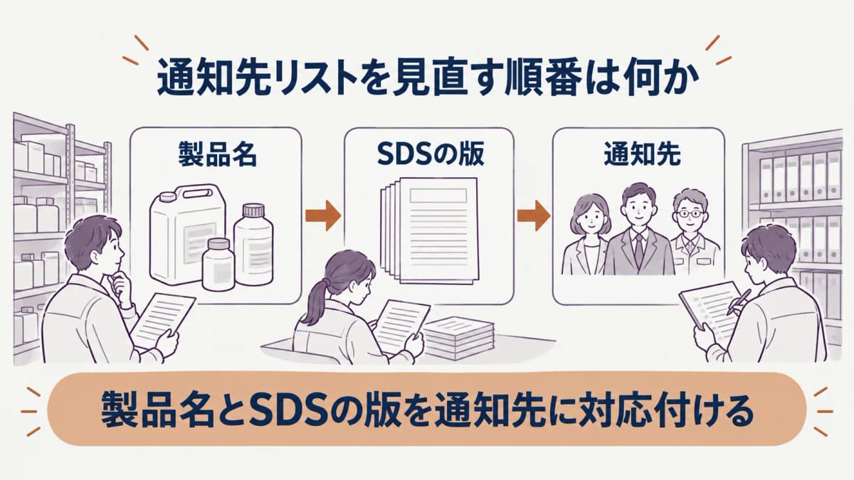 製品名とSDSの版を通知先に対応付ける管理表